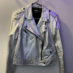 Silver lamb skin leather DKNY Jacket in small black zippers motorcycle designer